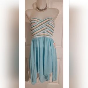 NWT Y2K Sz 11/12 Blue white Strapless Stripped Hanky Hem Coquette Dress